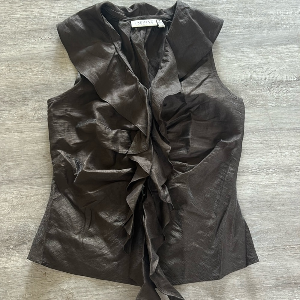 FARINAZ TAGHAVI Linen Blend Ruffle Front Sleeveless Shirt Size 8 Glam Retro